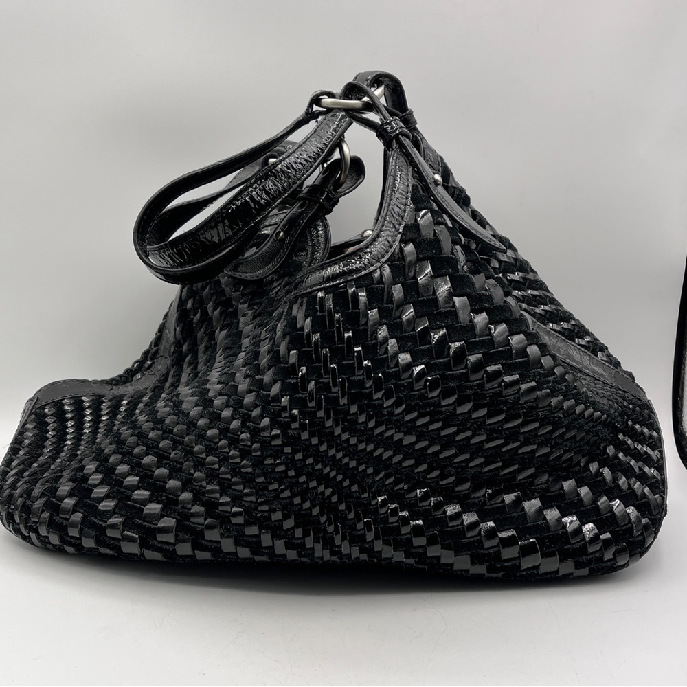 Cole Haan Shoulder Handbag Genevieve Black Woven Patent Leather Triangle Tote